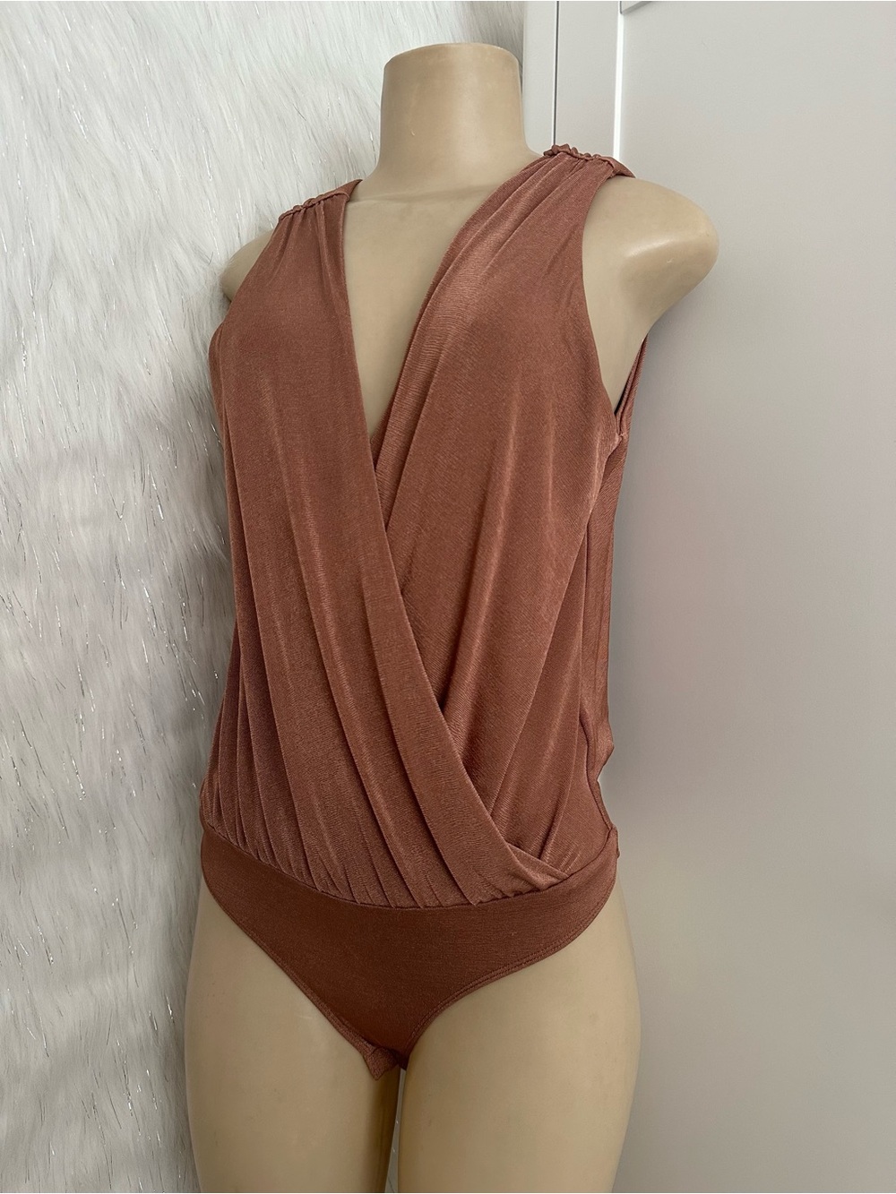 MARCIANO GUESS Sleeveless Wrap-Front Bodysuit in Dusty Brown
